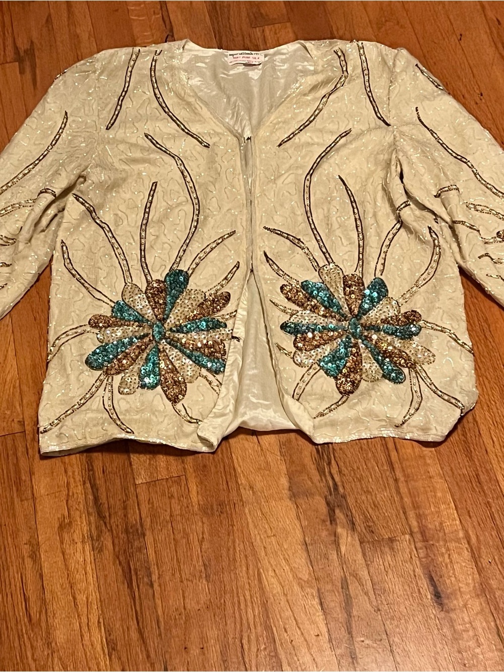 Vintage Cream Beaded Floral Jacket with Turquoise & Gold Sequins